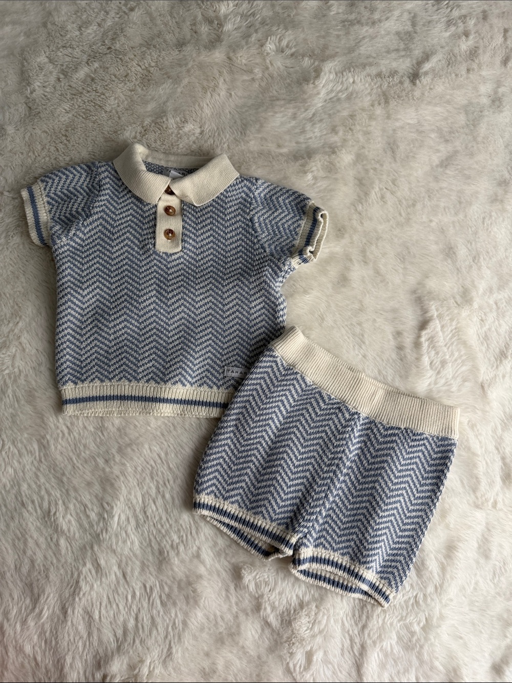 Children's Knit Polo & Shorts Set - Light Blue & Cream